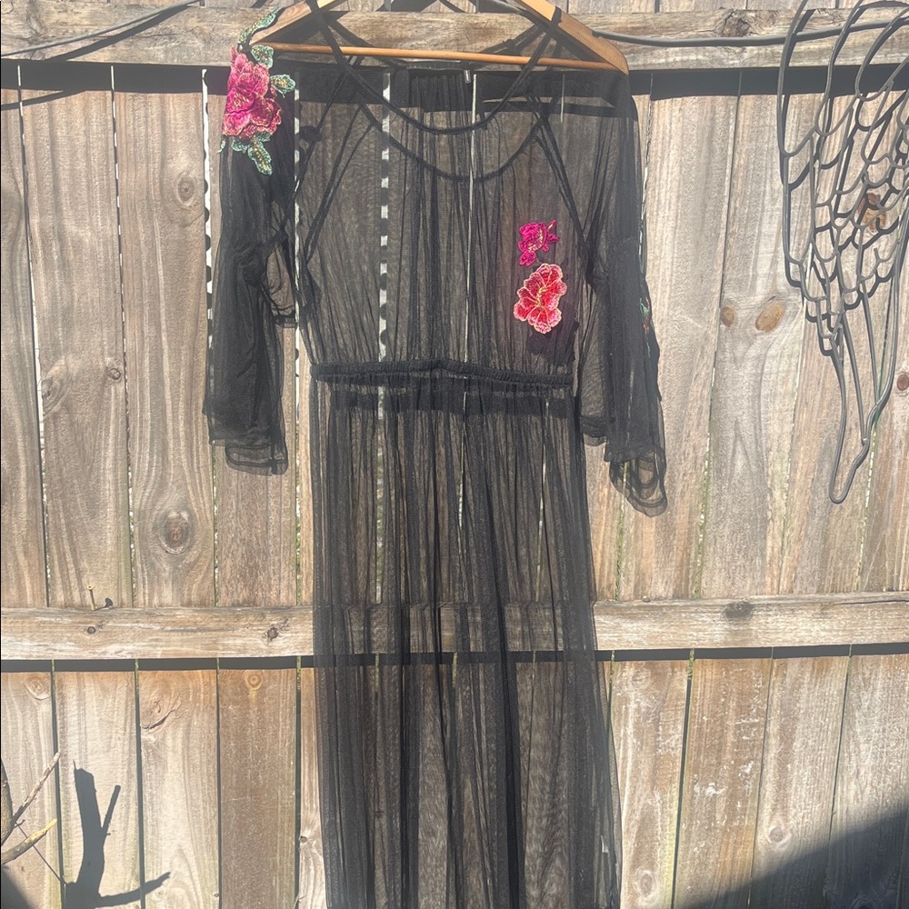 Potter's Pot Black Sheer Maxi Dress with Pink Floral Appliqués